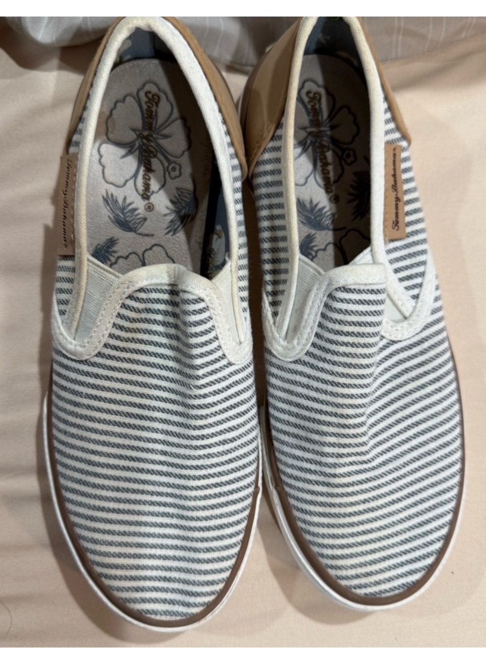Tommy Bahama Navy & White Striped Slip-On Sneakers with Tan Accent